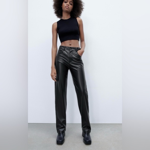 Zara Pants - ZARA Pants Women's Size Large Faux Leather Black High Rise Straight Leg Zip